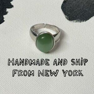 Natural Nephrite Jade Ring in Pastel Green Silver Adjustable Band